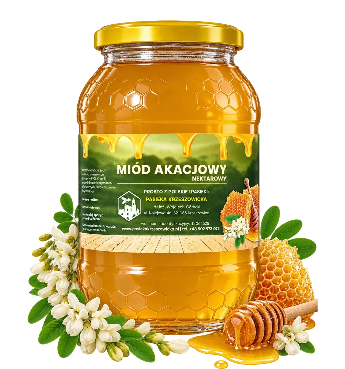 Słoik miodu akacjowego w aranżacji z pożytkiem