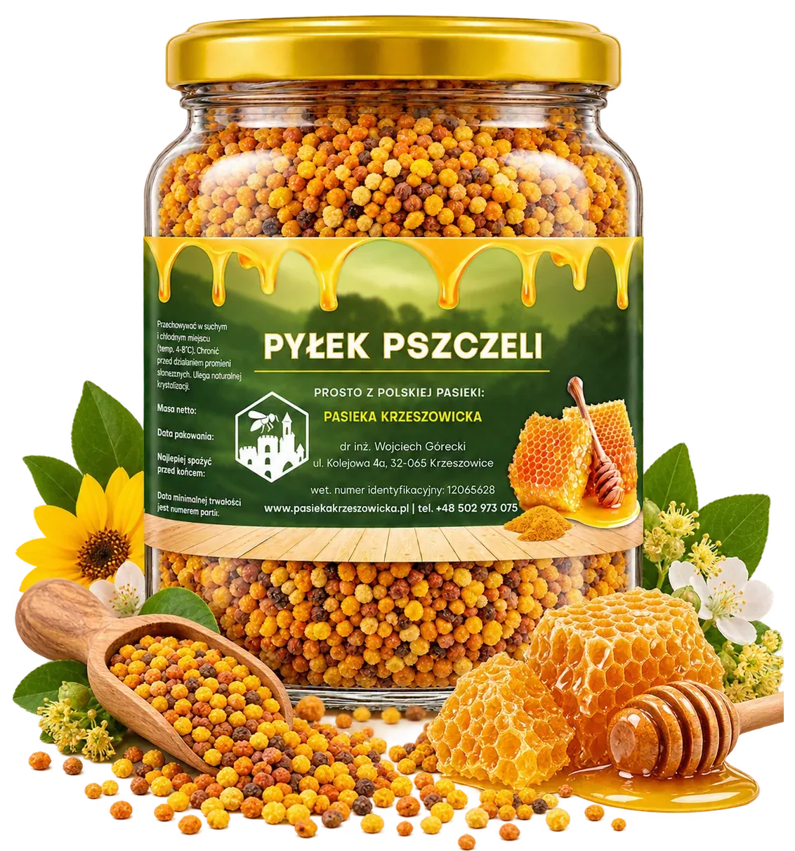 Słoik pyłku kwiatowego w aranżacji z pożytkiem