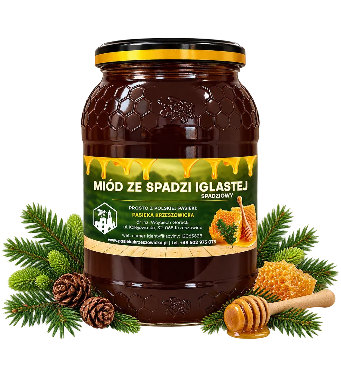 Słoik miodu ze spadzi iglastej w aranżacji z pożytkiem
