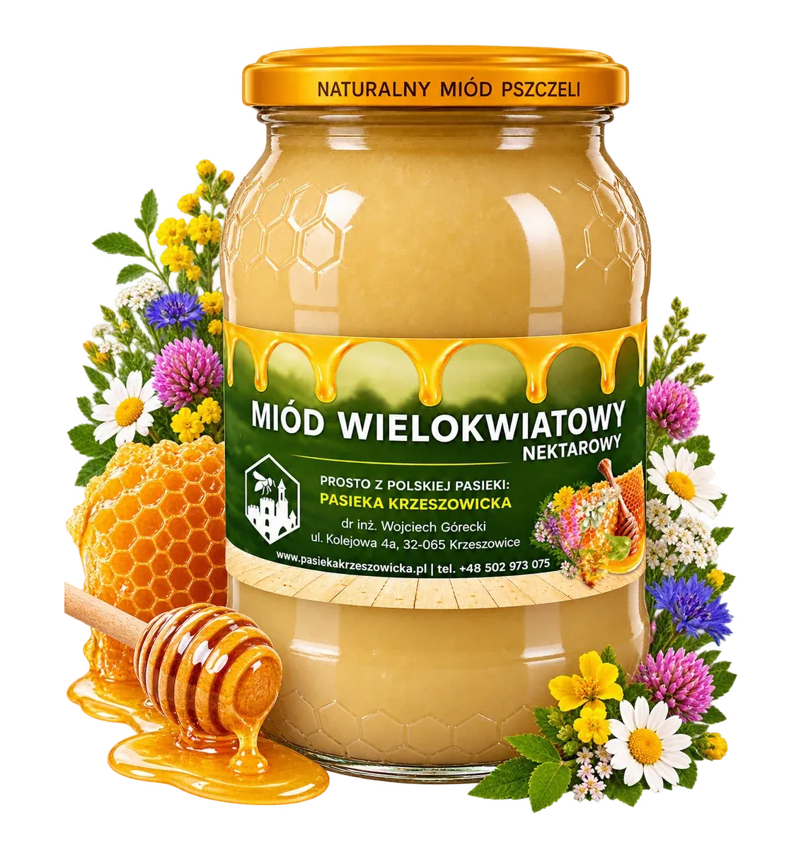 Słoik miodu wielokwiatowego w aranżacji z pożytkiem